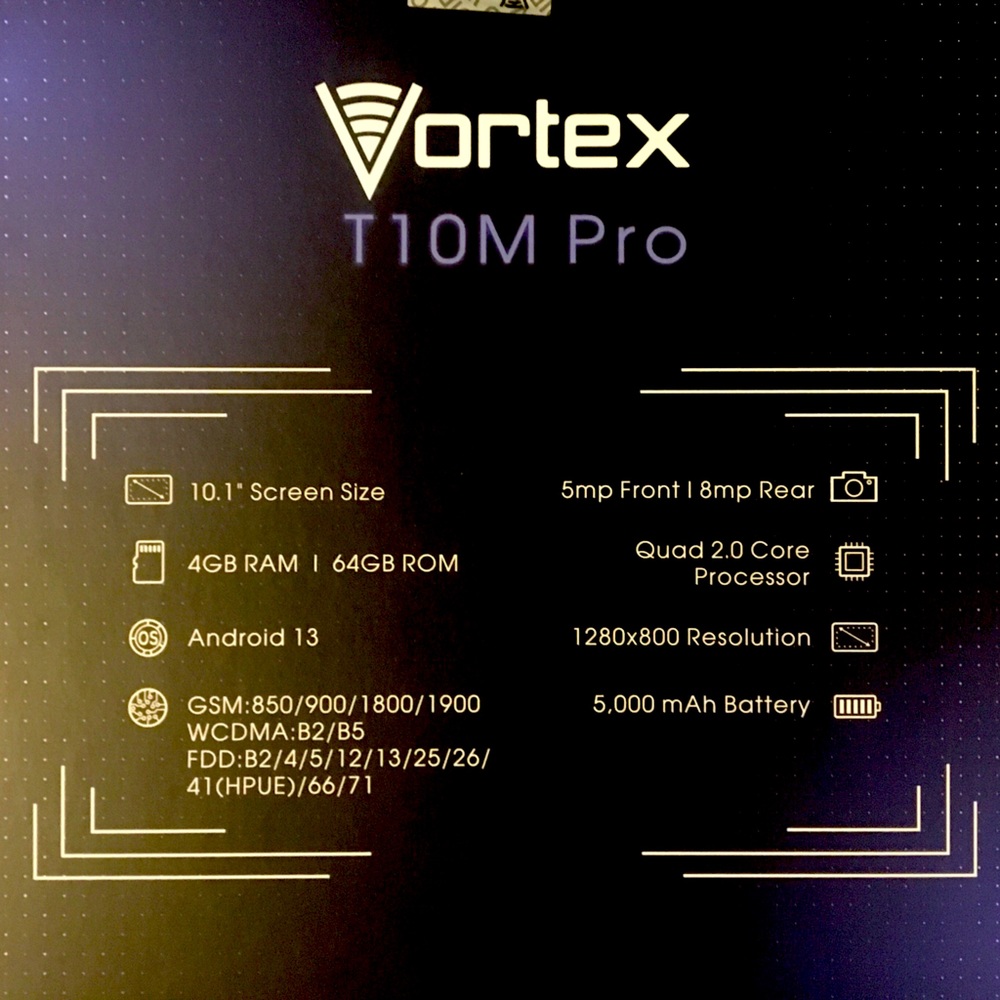 Vortex T10M PRO is a midnight blue tablet w/clear case & screen protecto…